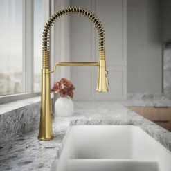 Semi-professional pull-down kitchen sink faucet with three-function sprayhead^Kohler Hot