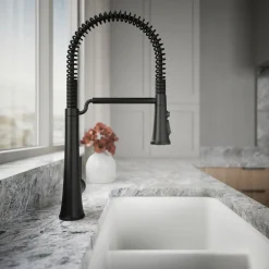 Semi-professional pull-down kitchen sink faucet with three-function sprayhead^Kohler Hot