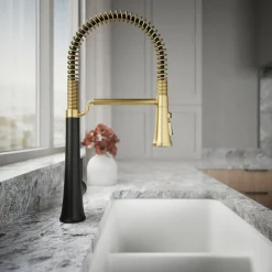 Semi-professional pull-down kitchen sink faucet with three-function sprayhead^Kohler Hot