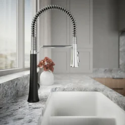 Semi-professional pull-down kitchen sink faucet with three-function sprayhead^Kohler Hot