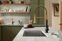 Semi-professional pull-down kitchen sink faucet with three-function sprayhead^Kohler Hot