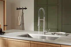 Semi-professional pull-down kitchen sink faucet with three-function sprayhead^Kohler Hot
