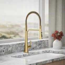 Semi-professional pull-down kitchen sink faucet with three-function sprayhead^Kohler Hot