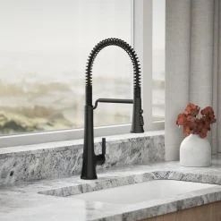 Semi-professional pull-down kitchen sink faucet with three-function sprayhead^Kohler Hot