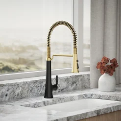 Semi-professional pull-down kitchen sink faucet with three-function sprayhead^Kohler Hot