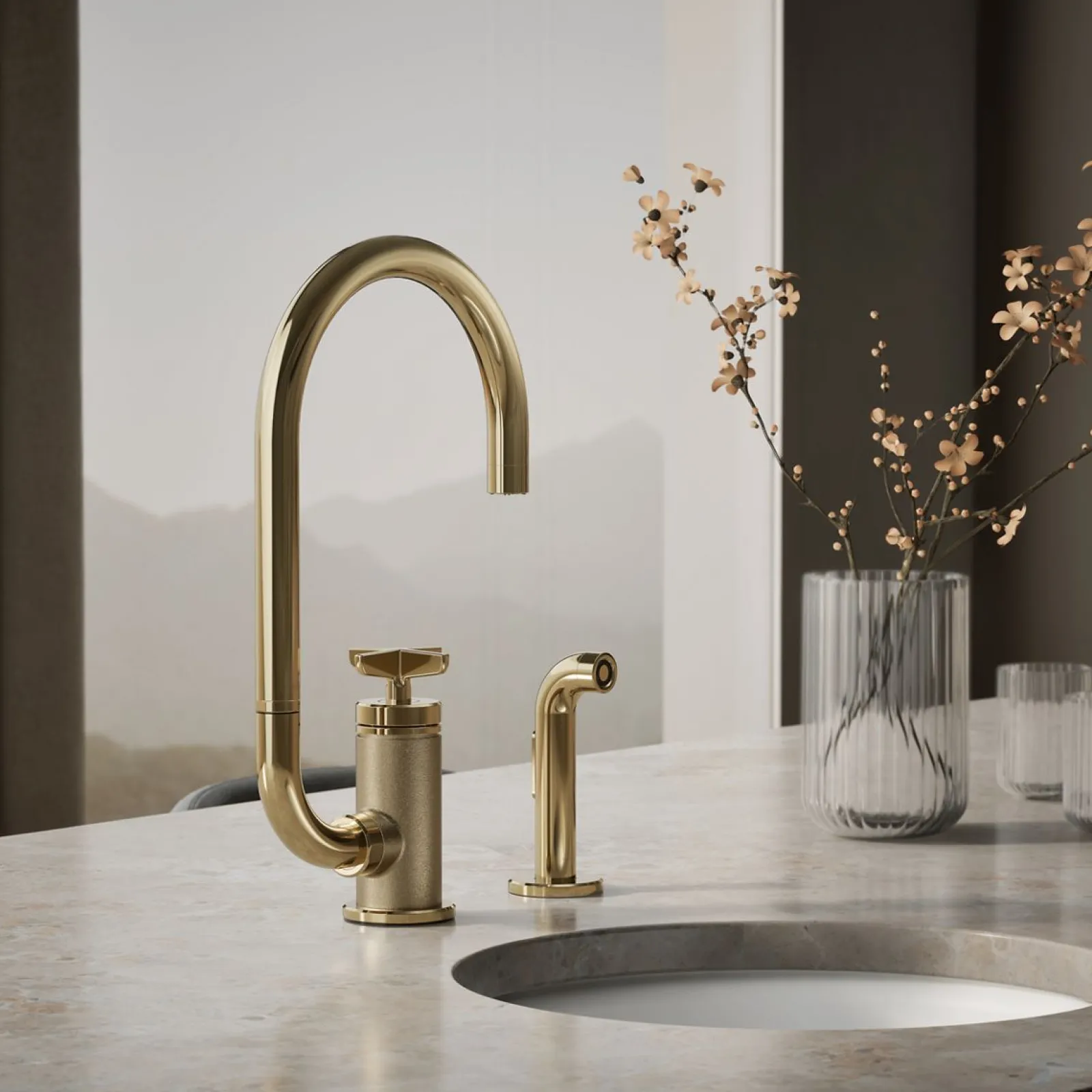 Single-handle bar sink faucet with two-function extended-reach spout and side sprayer^Kohler Outlet