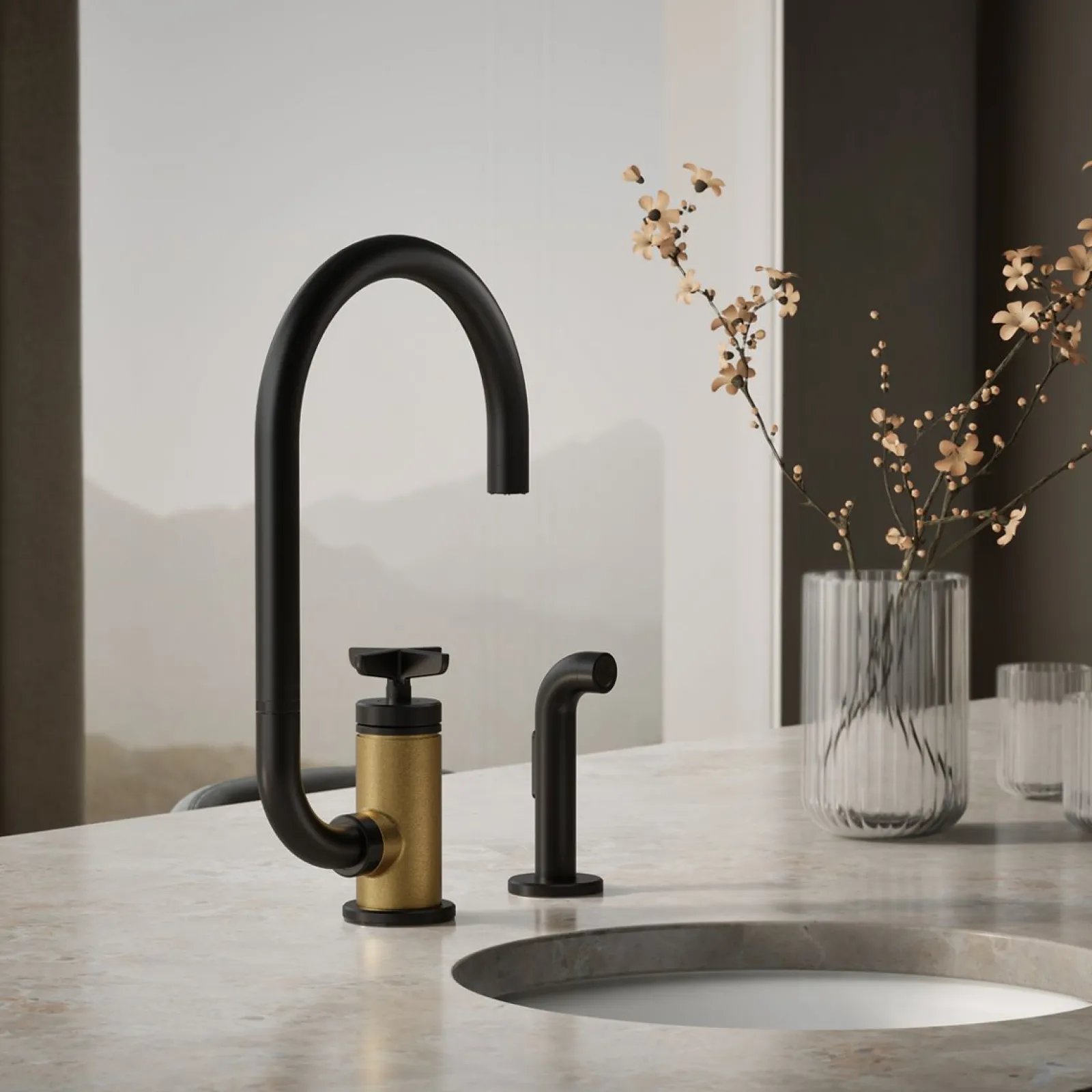 Single-handle bar sink faucet with two-function extended-reach spout and side sprayer^Kohler Outlet