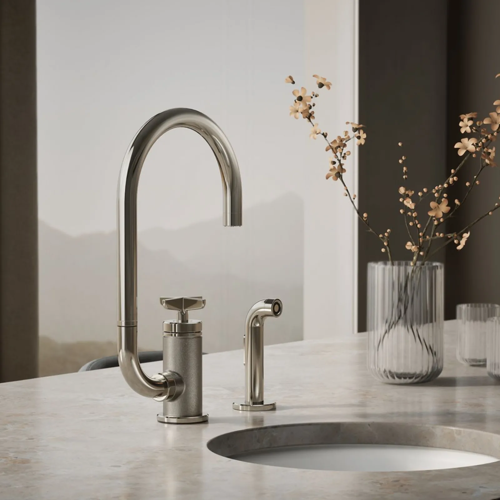 Single-handle bar sink faucet with two-function extended-reach spout and side sprayer^Kohler Outlet