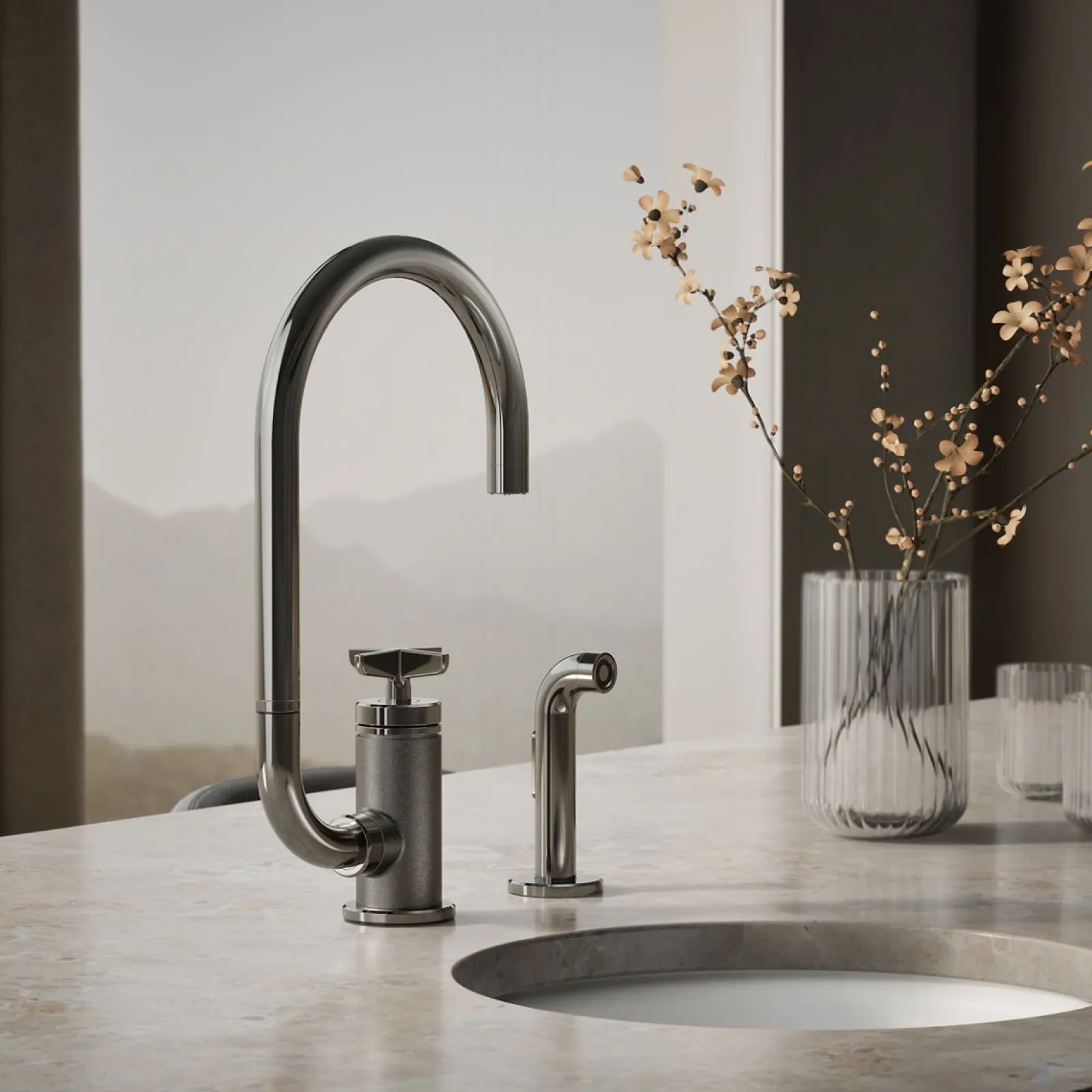 Single-handle bar sink faucet with two-function extended-reach spout and side sprayer^Kohler Outlet