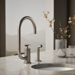 Single-handle bar sink faucet with two-function extended-reach spout and side sprayer^Kohler Outlet