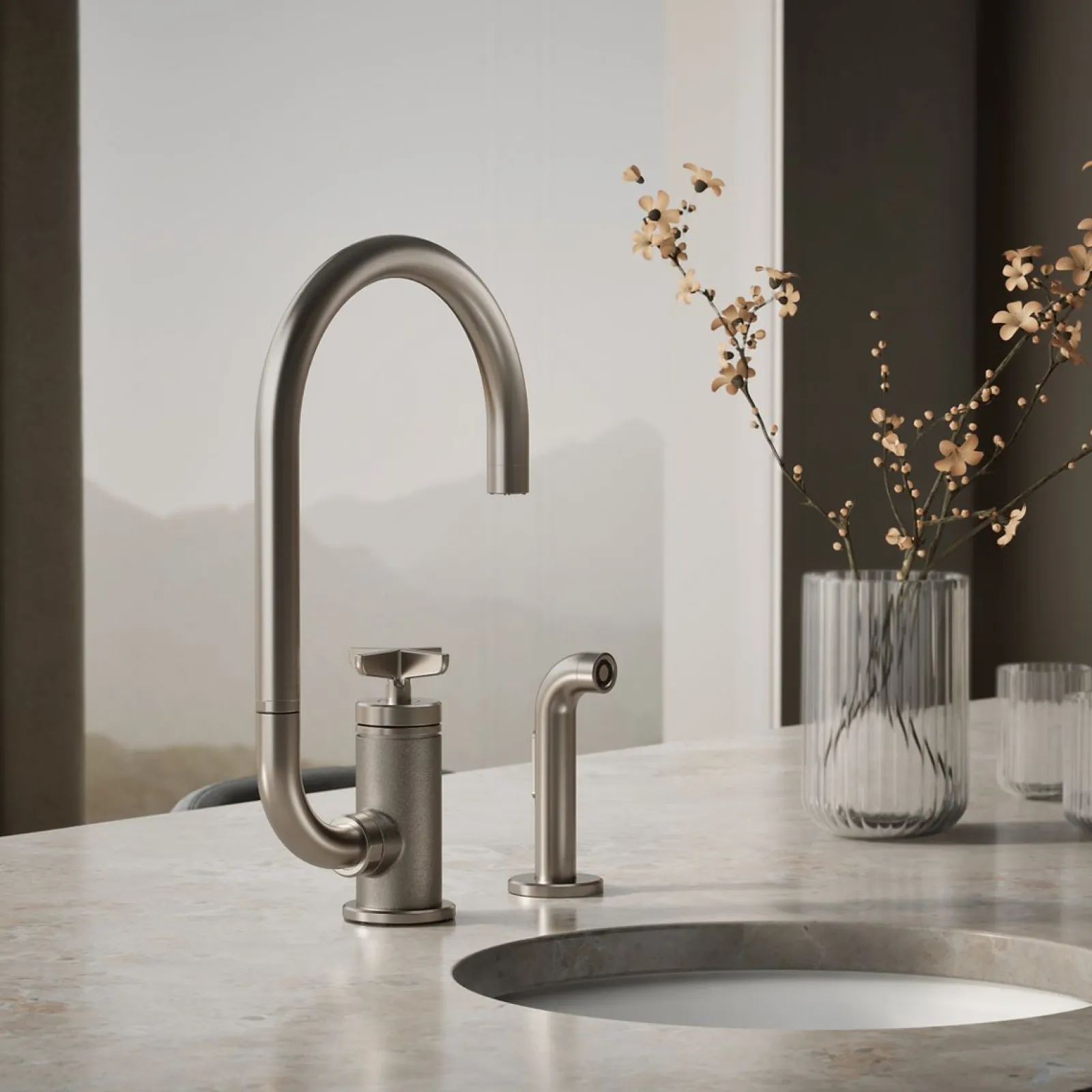 Single-handle bar sink faucet with two-function extended-reach spout and side sprayer^Kohler Outlet