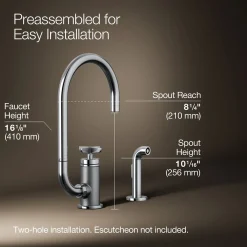 Single-handle bar sink faucet with two-function extended-reach spout and side sprayer^Kohler Outlet