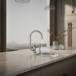 Single-handle bar sink faucet with two-function extended-reach spout and side sprayer^Kohler Outlet