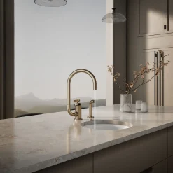 Single-handle bar sink faucet with two-function extended-reach spout and side sprayer^Kohler Outlet