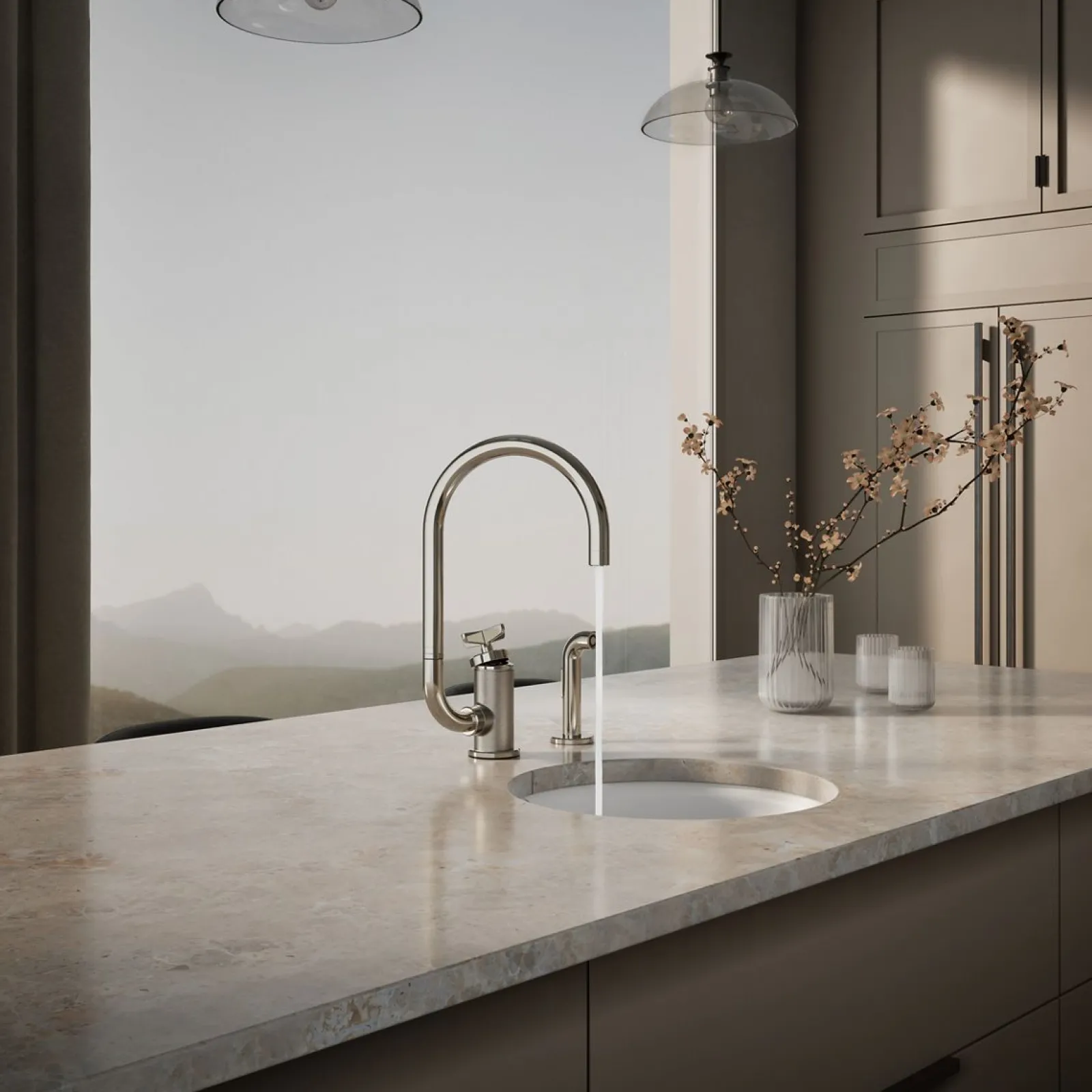 Single-handle bar sink faucet with two-function extended-reach spout and side sprayer^Kohler Outlet