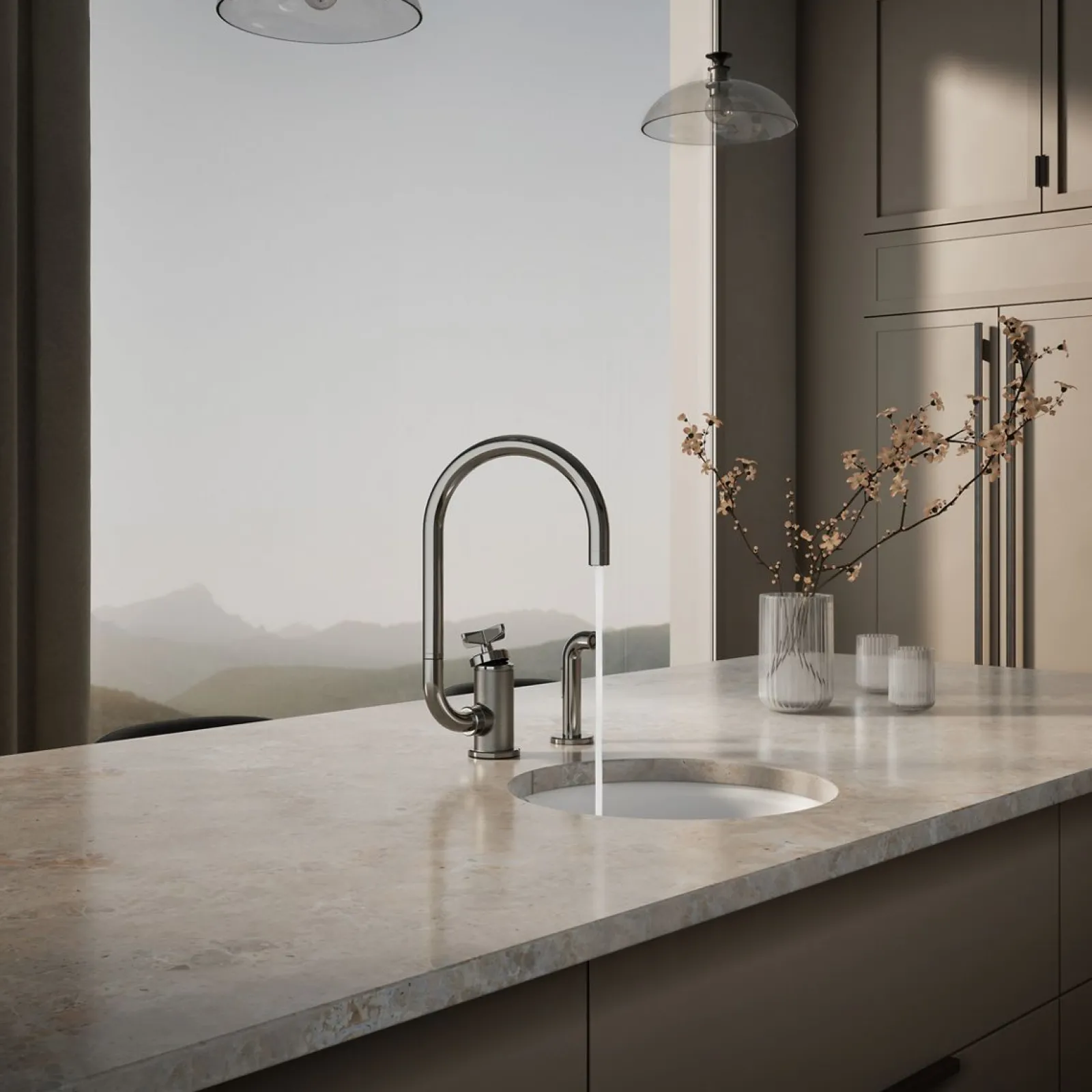 Single-handle bar sink faucet with two-function extended-reach spout and side sprayer^Kohler Outlet