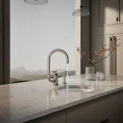 Single-handle bar sink faucet with two-function extended-reach spout and side sprayer^Kohler Outlet