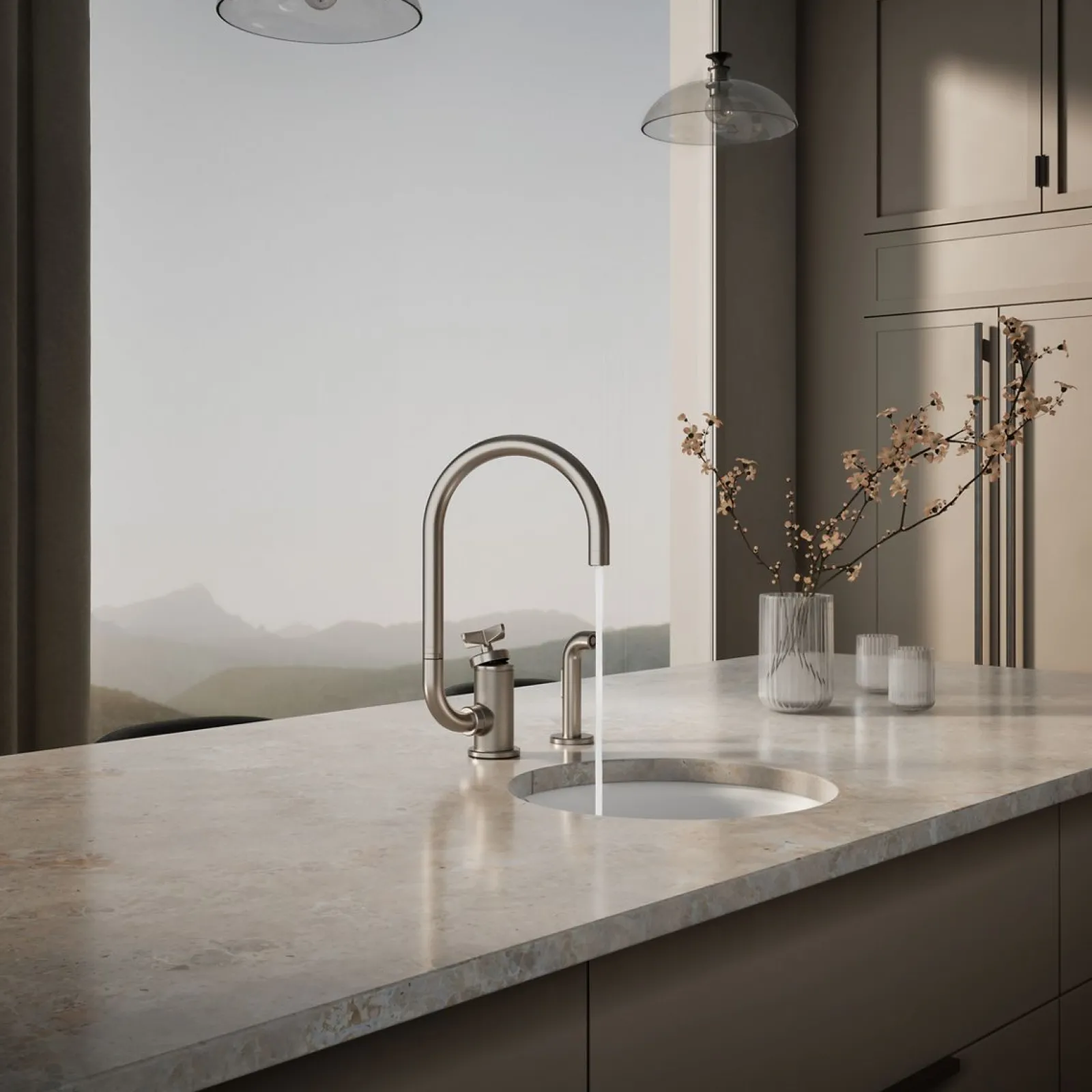 Single-handle bar sink faucet with two-function extended-reach spout and side sprayer^Kohler Outlet
