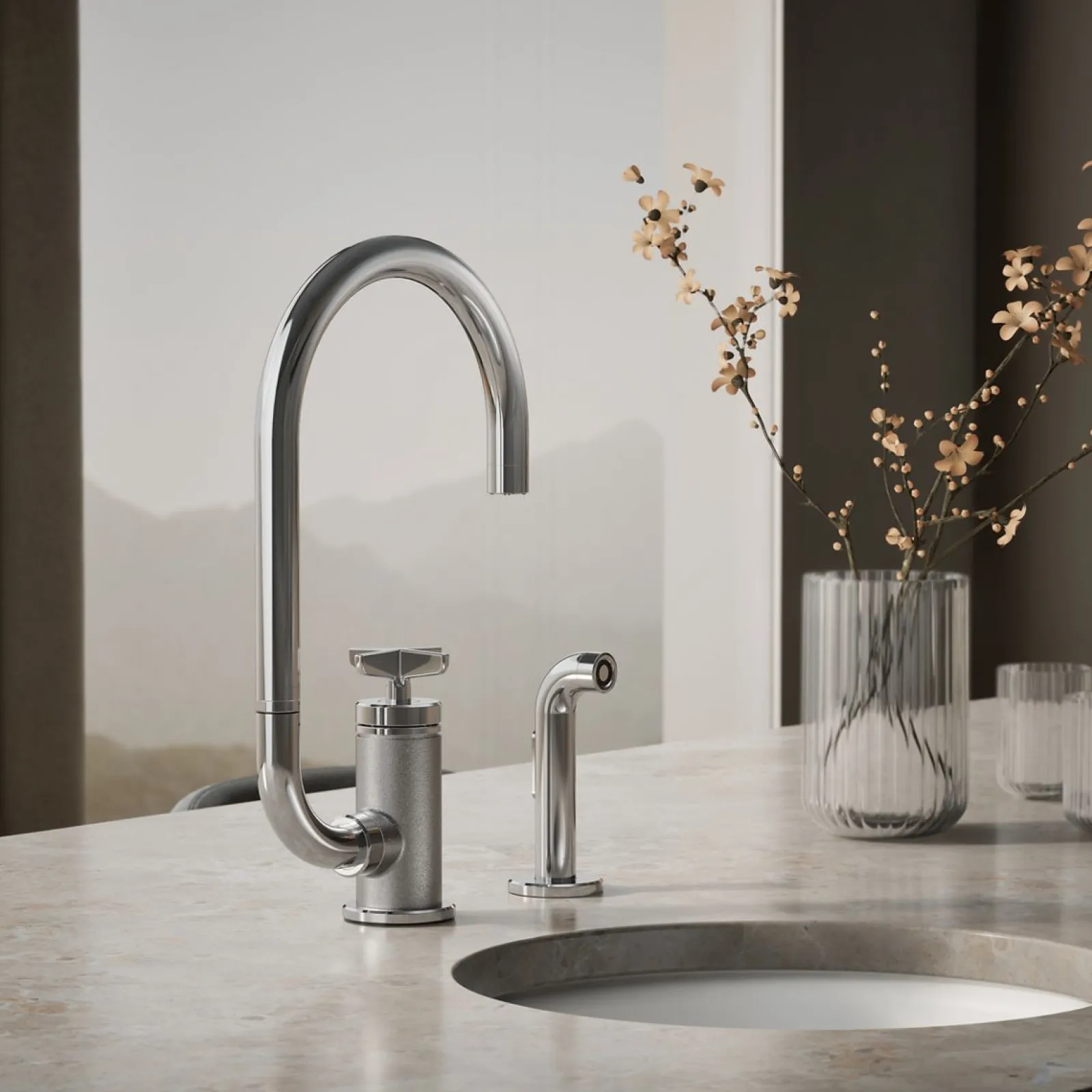 Single-handle bar sink faucet with two-function extended-reach spout and side sprayer^Kohler Outlet