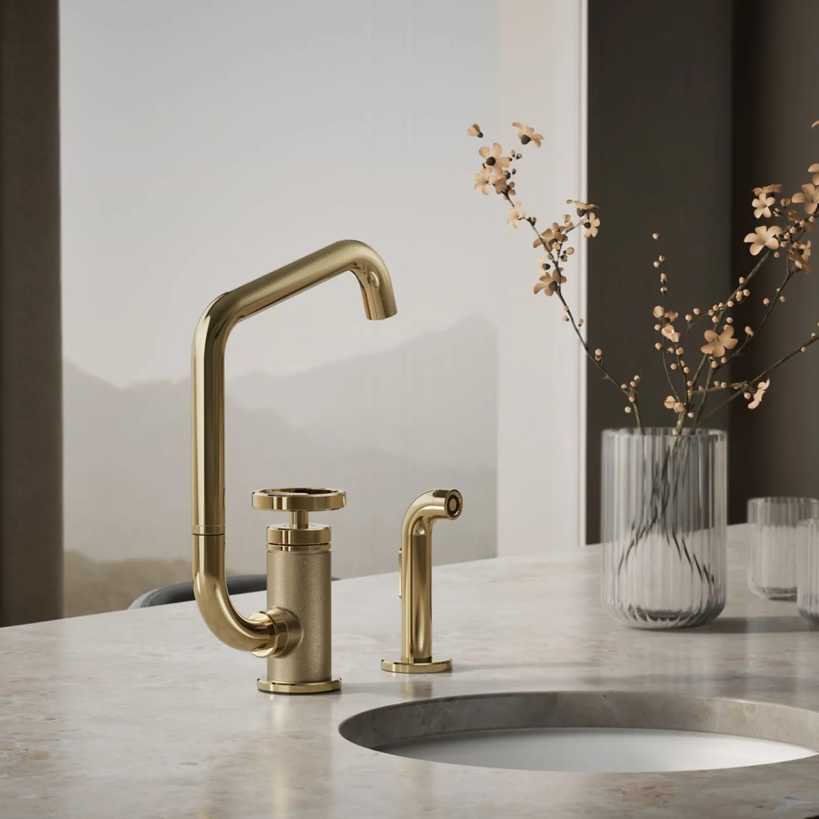 Single-handle bar sink faucet with two-function extended-reach spout and side sprayer^Kohler Online