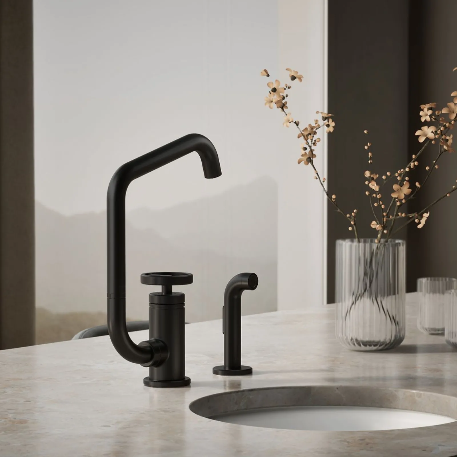 Single-handle bar sink faucet with two-function extended-reach spout and side sprayer^Kohler Online