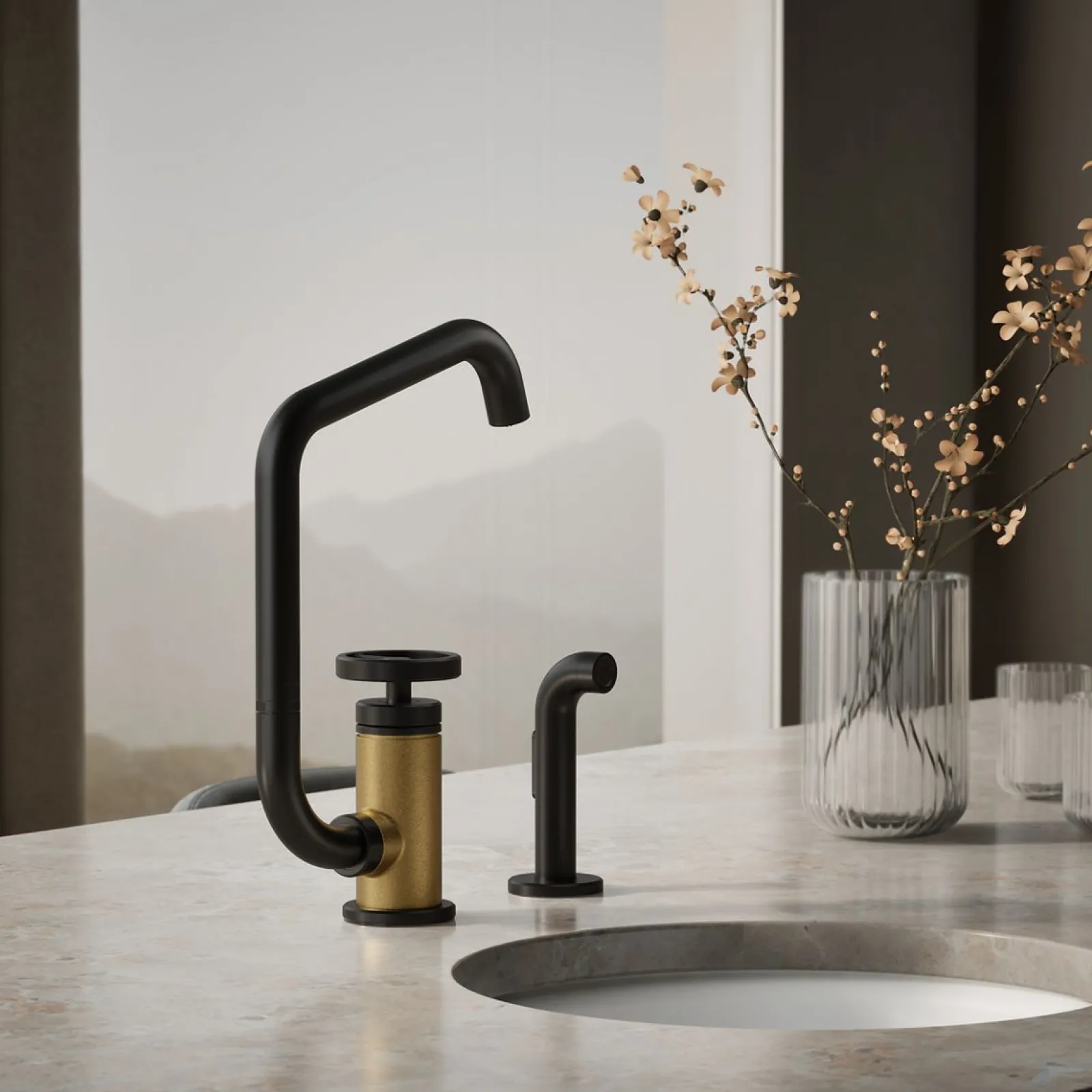 Single-handle bar sink faucet with two-function extended-reach spout and side sprayer^Kohler Online