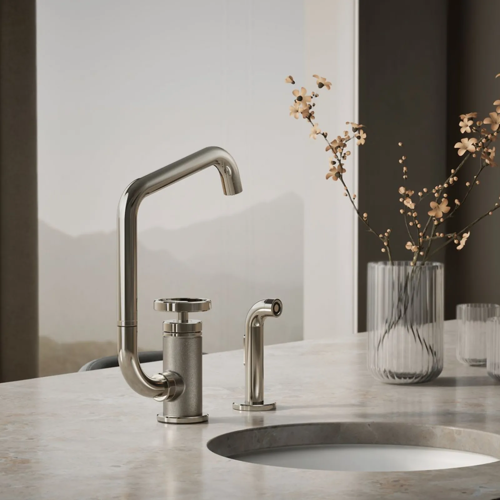 Single-handle bar sink faucet with two-function extended-reach spout and side sprayer^Kohler Online