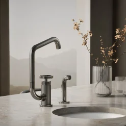 Single-handle bar sink faucet with two-function extended-reach spout and side sprayer^Kohler Online