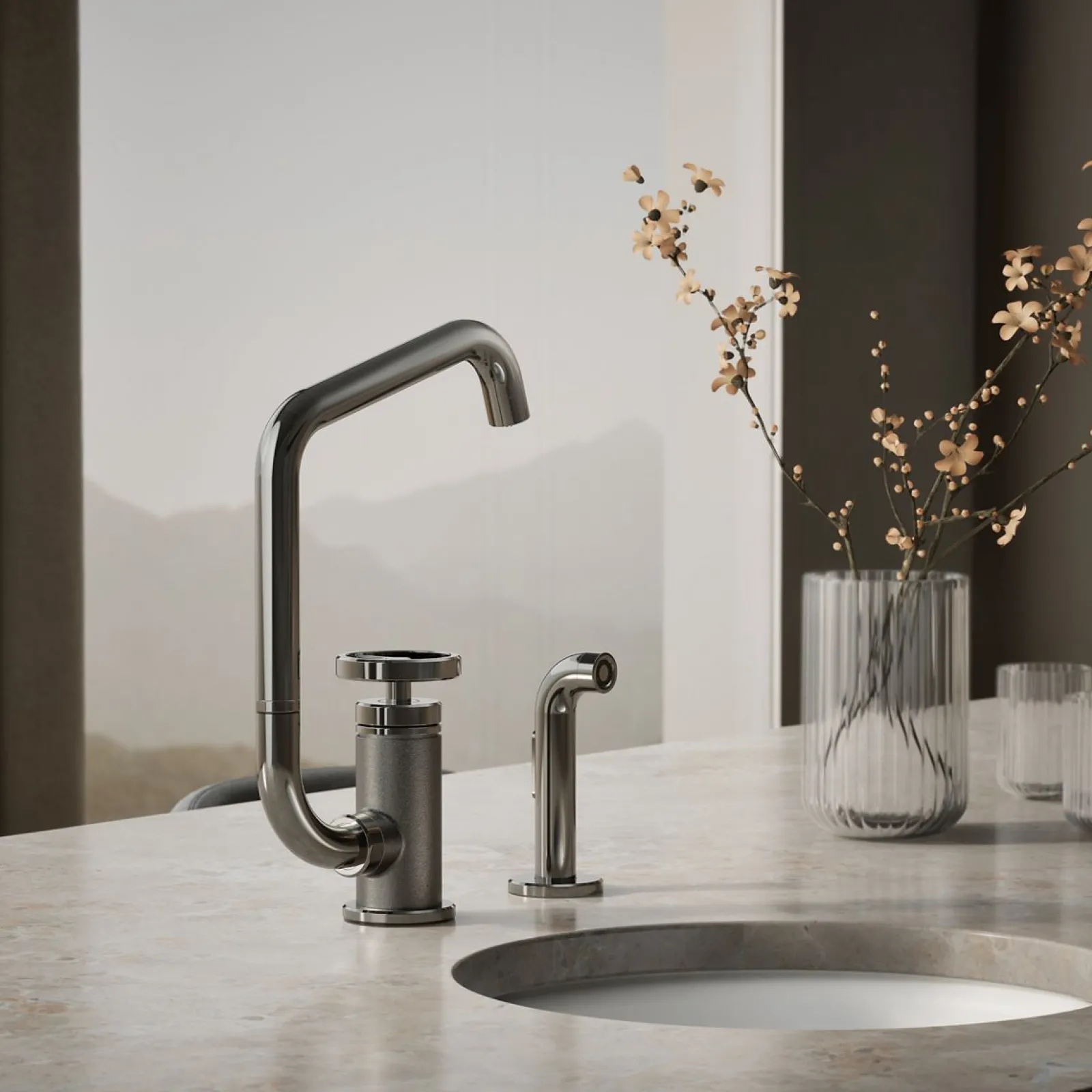 Single-handle bar sink faucet with two-function extended-reach spout and side sprayer^Kohler Online