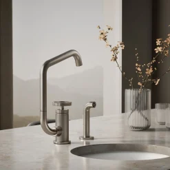 Single-handle bar sink faucet with two-function extended-reach spout and side sprayer^Kohler Online
