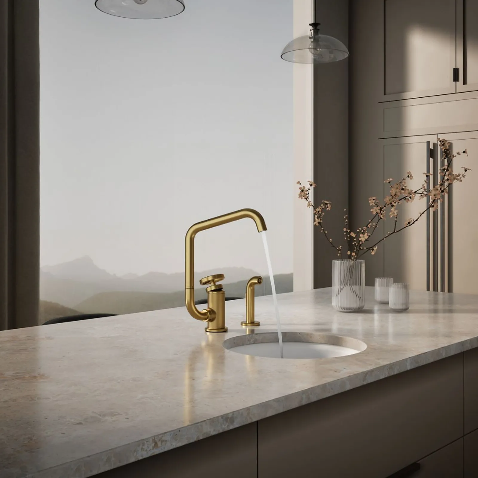 Single-handle bar sink faucet with two-function extended-reach spout and side sprayer^Kohler Online