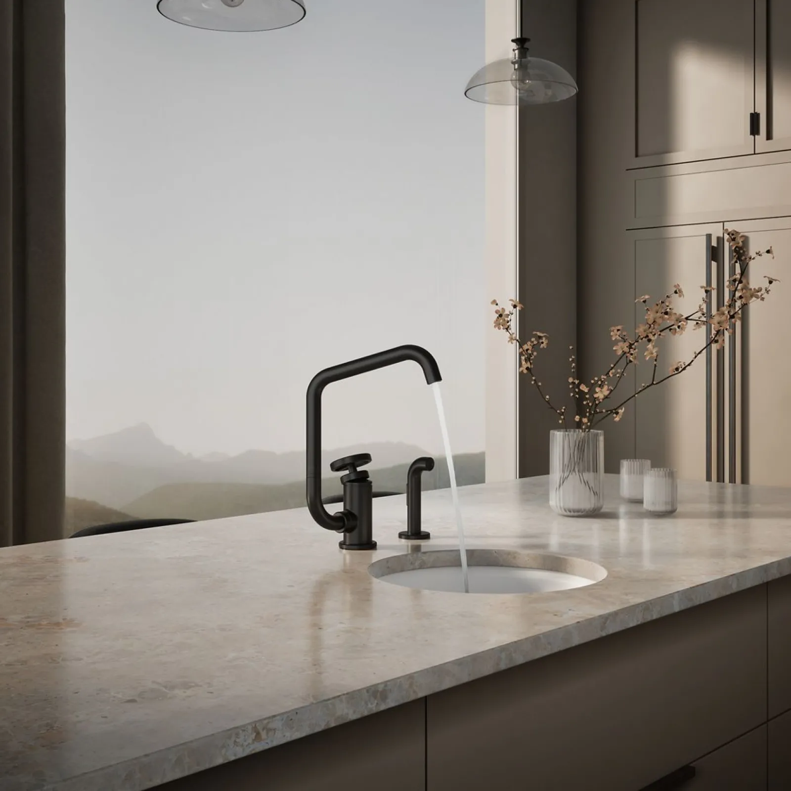 Single-handle bar sink faucet with two-function extended-reach spout and side sprayer^Kohler Online