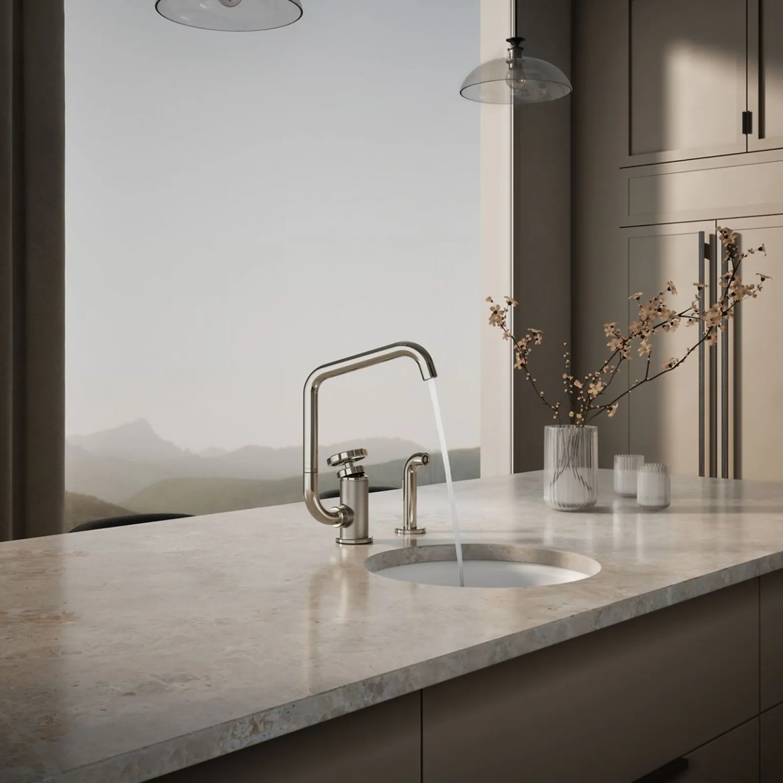 Single-handle bar sink faucet with two-function extended-reach spout and side sprayer^Kohler Online
