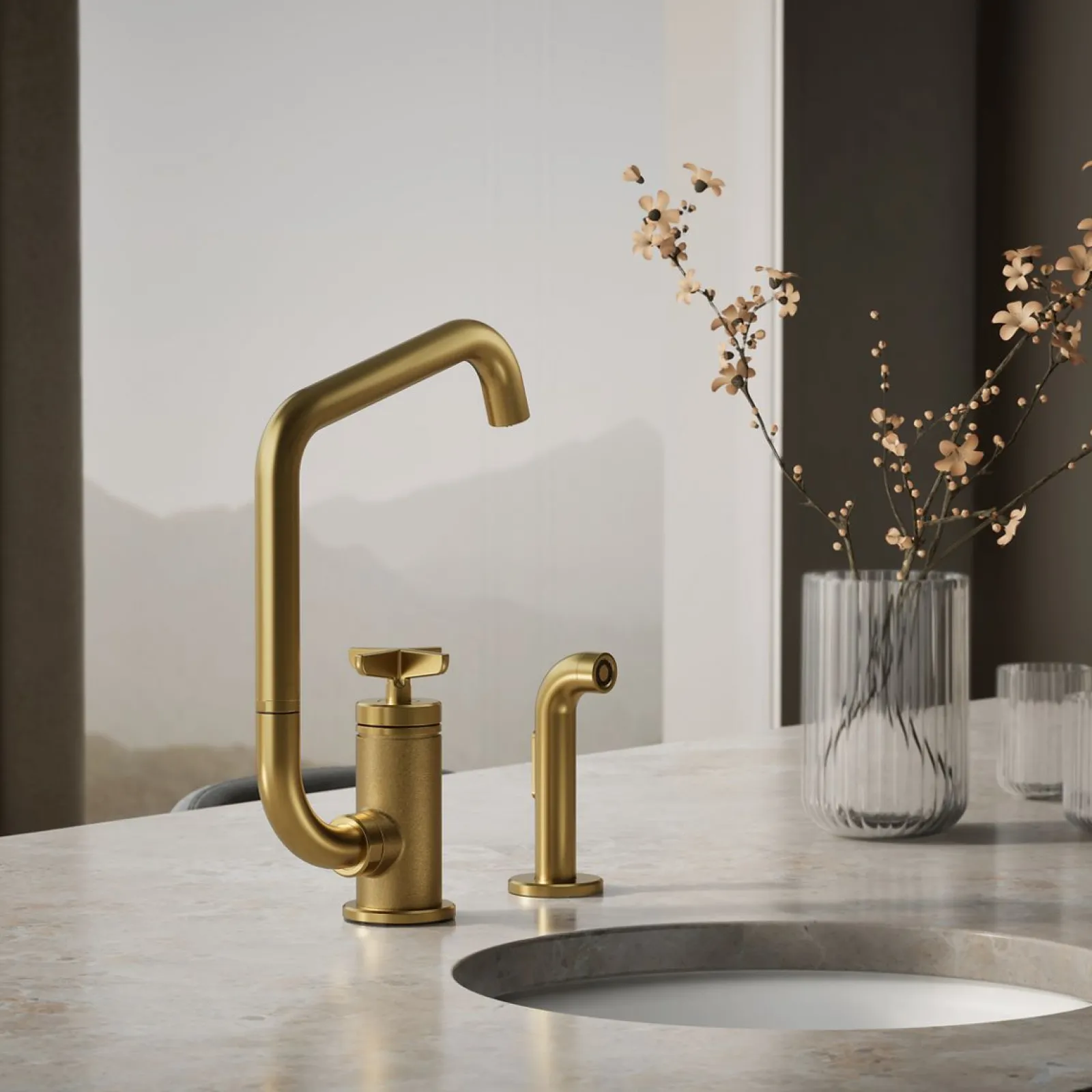Single-handle bar sink faucet with two-function extended-reach spout and side sprayer^Kohler Online