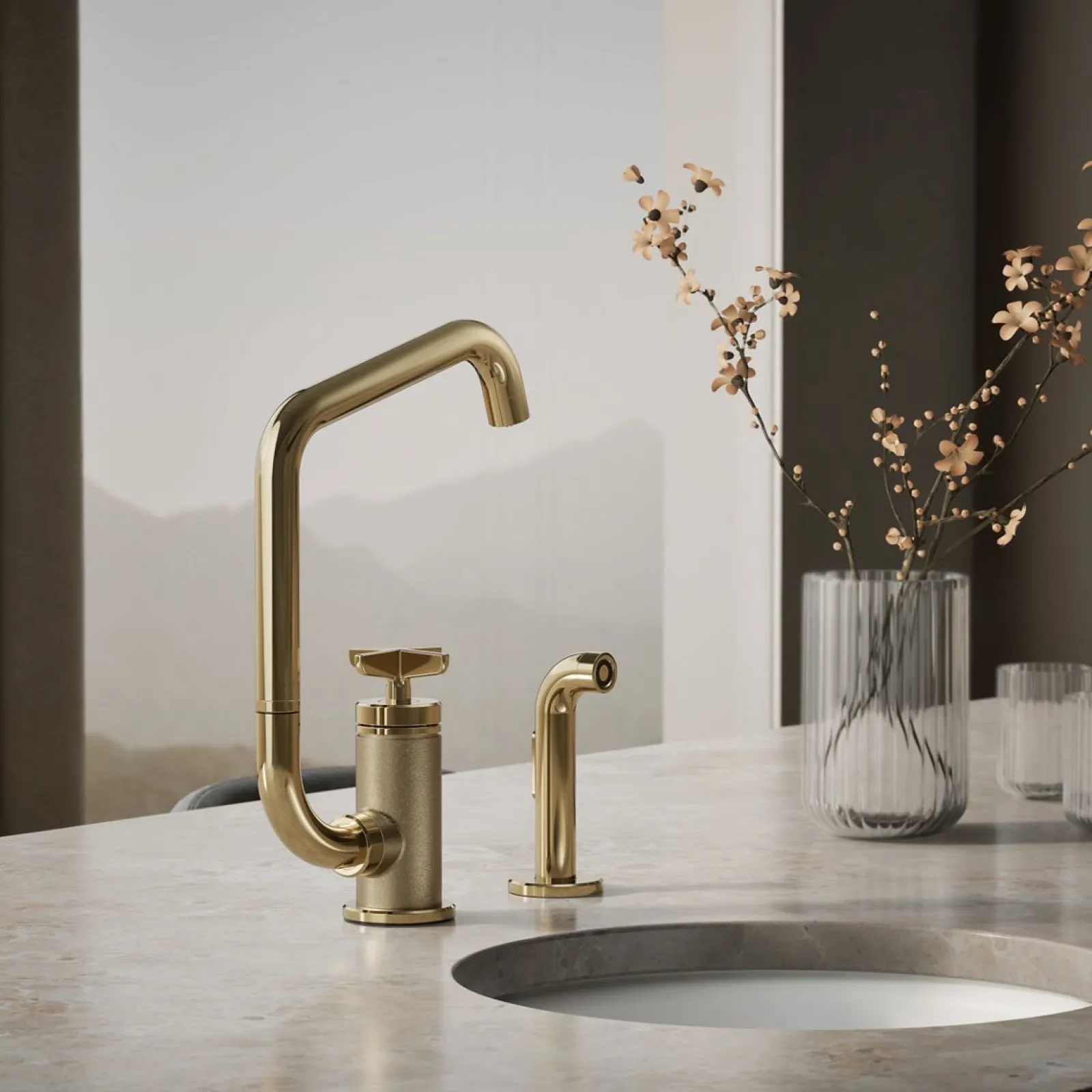 Single-handle bar sink faucet with two-function extended-reach spout and side sprayer^Kohler Online