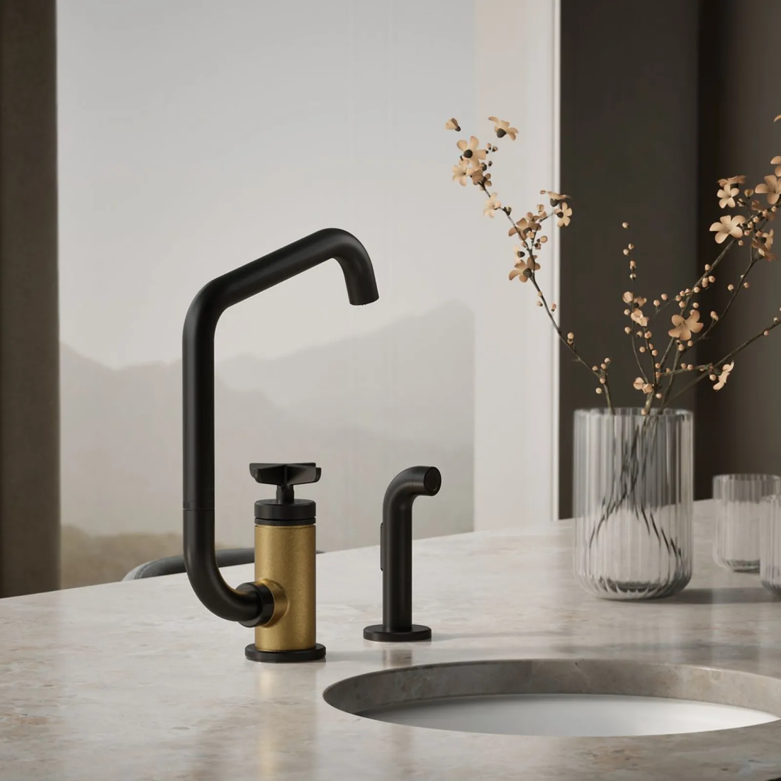 Single-handle bar sink faucet with two-function extended-reach spout and side sprayer^Kohler Online