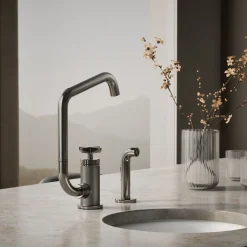 Single-handle bar sink faucet with two-function extended-reach spout and side sprayer^Kohler Online