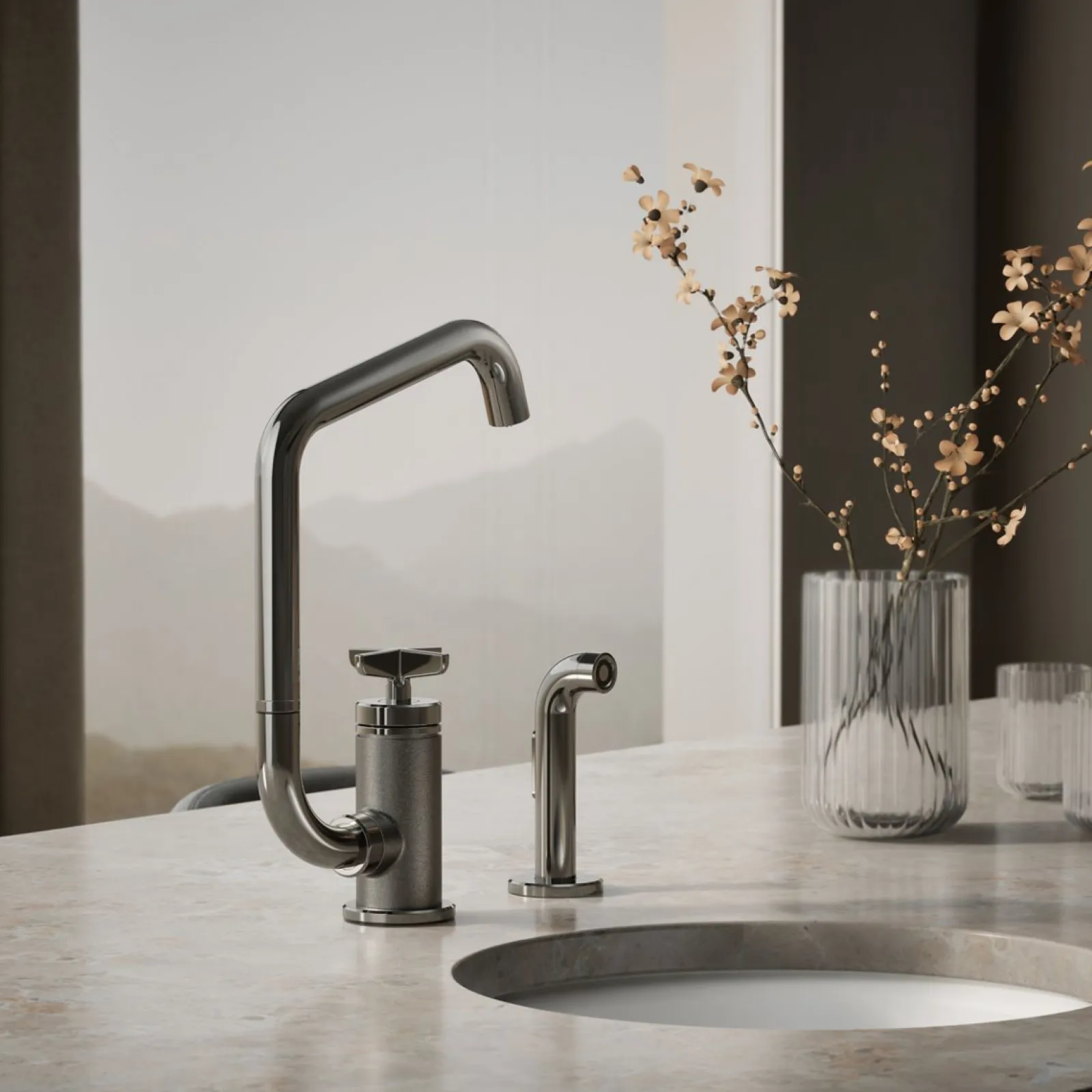Single-handle bar sink faucet with two-function extended-reach spout and side sprayer^Kohler Online