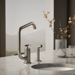 Single-handle bar sink faucet with two-function extended-reach spout and side sprayer^Kohler Online
