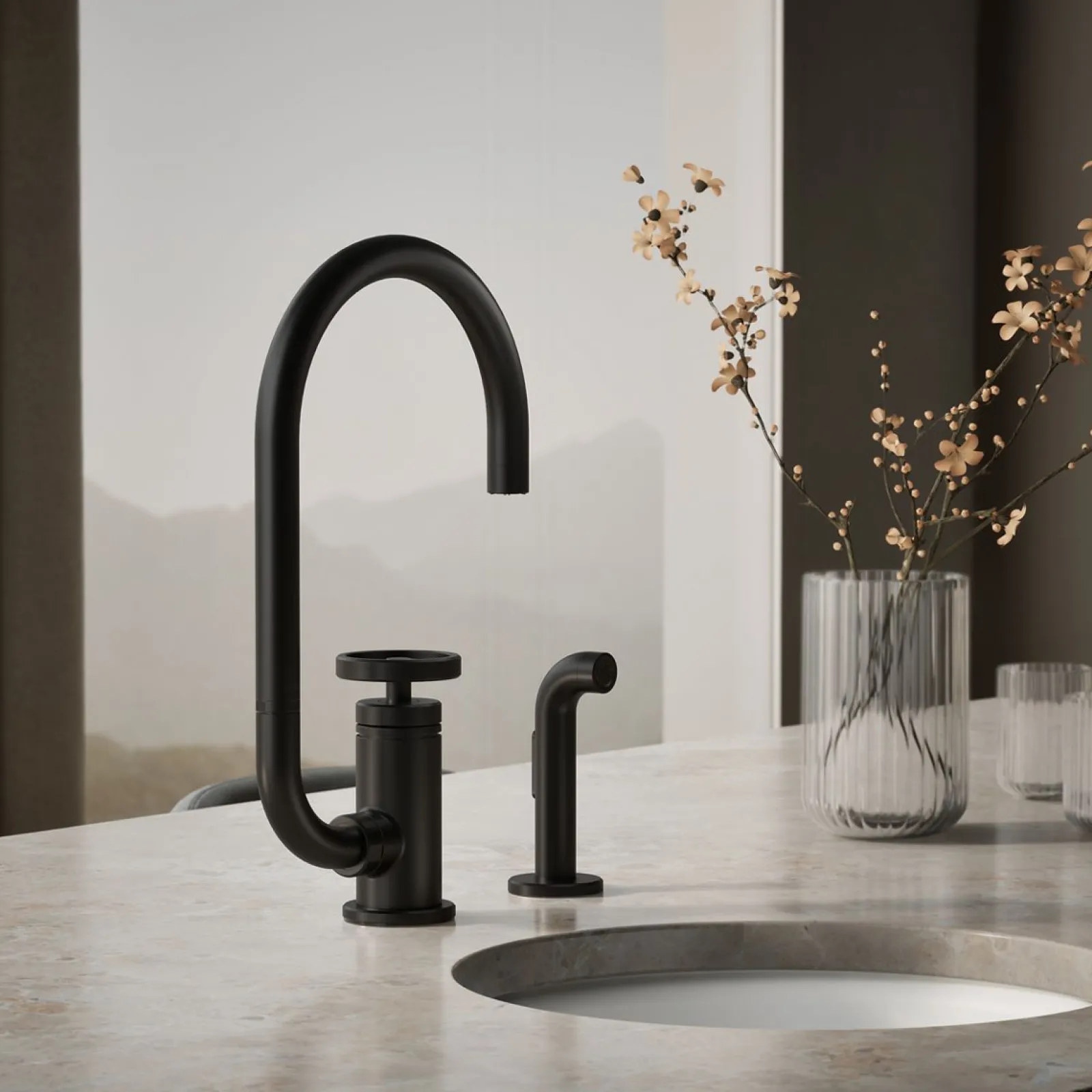 Single-handle bar sink faucet with two-function extended-reach spout and side sprayer^Kohler Online