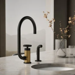Single-handle bar sink faucet with two-function extended-reach spout and side sprayer^Kohler Online