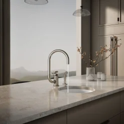 Single-handle bar sink faucet with two-function extended-reach spout and side sprayer^Kohler Online