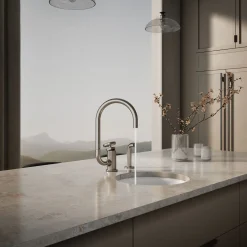 Single-handle bar sink faucet with two-function extended-reach spout and side sprayer^Kohler Online