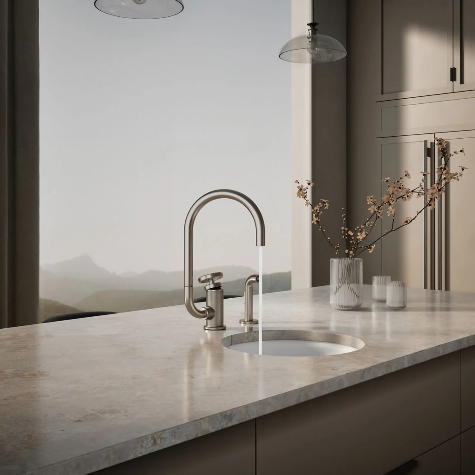 Single-handle bar sink faucet with two-function extended-reach spout and side sprayer^Kohler Online