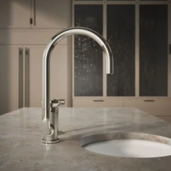Single-handle bar sink faucet with two-function extended-reach spout and side sprayer^Kohler Online
