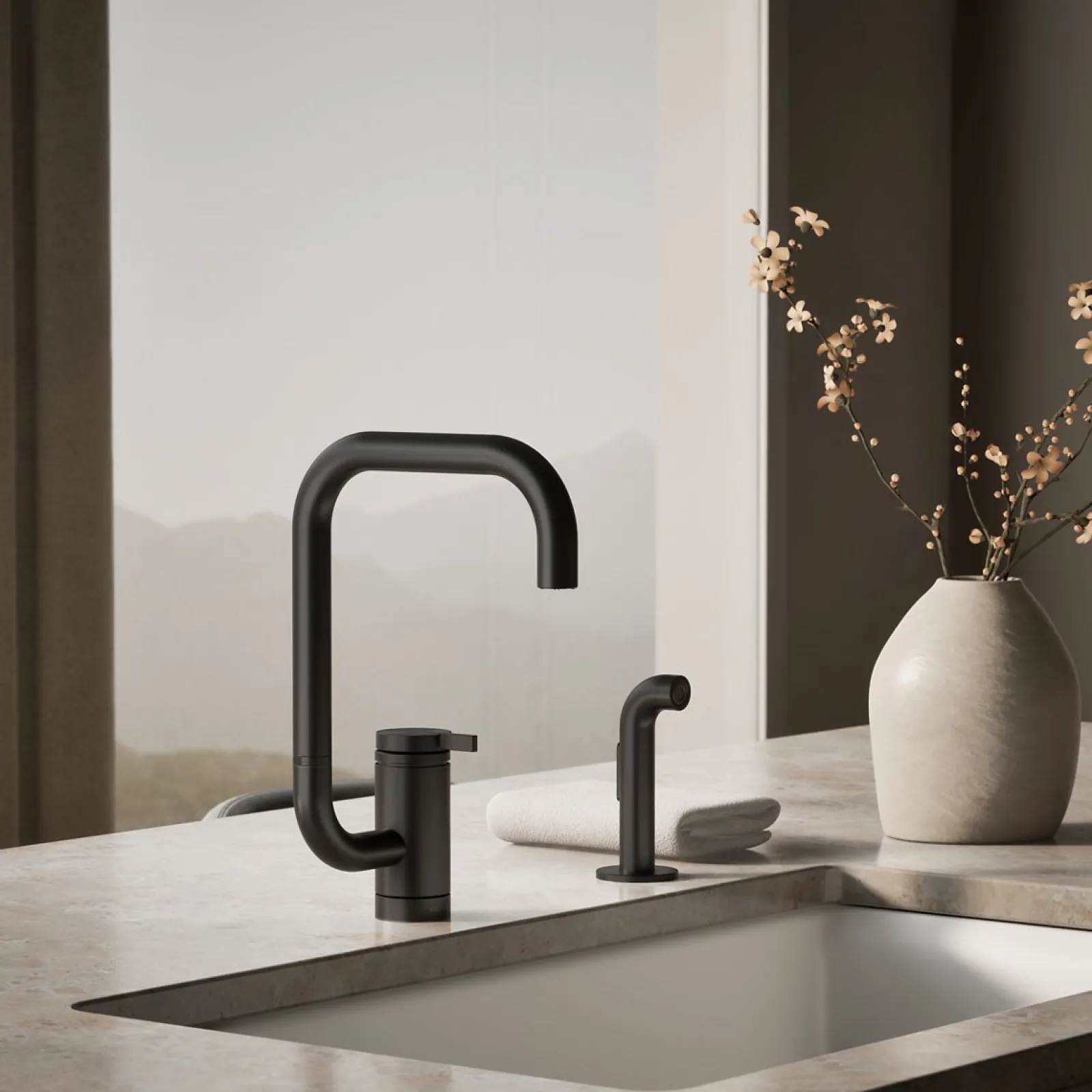 Single-handle kitchen sink faucet with two-function extended-reach spout and side sprayer^Kohler New