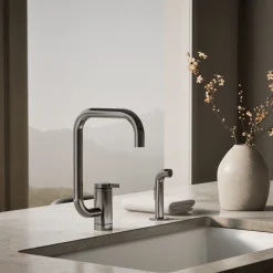 Single-handle kitchen sink faucet with two-function extended-reach spout and side sprayer^Kohler New
