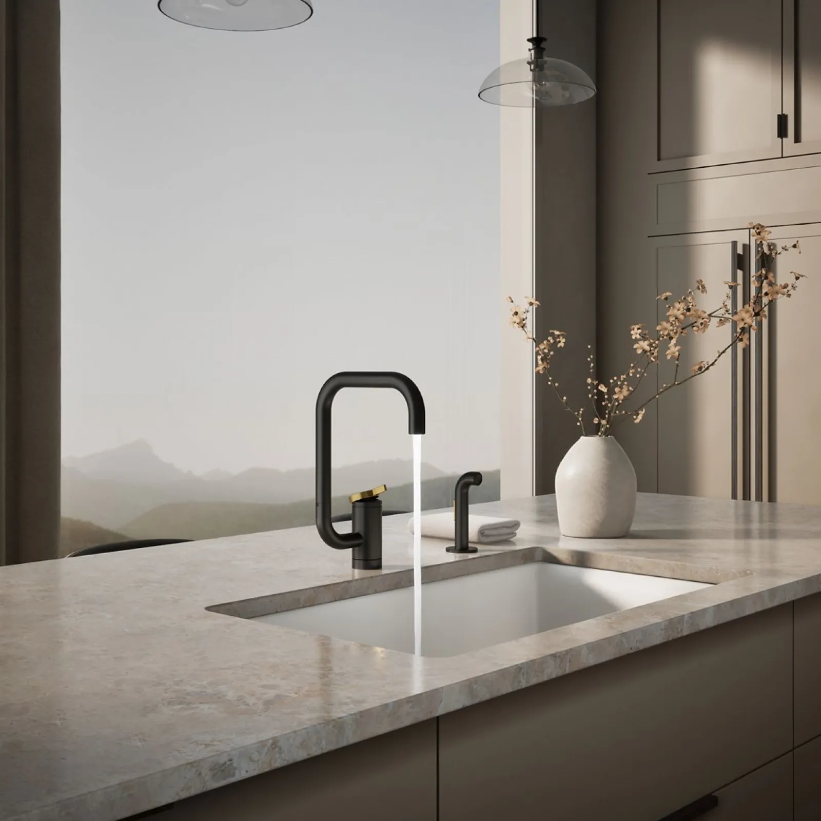 Single-handle kitchen sink faucet with two-function extended-reach spout and side sprayer^Kohler New