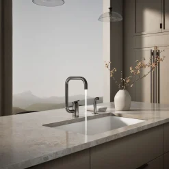 Single-handle kitchen sink faucet with two-function extended-reach spout and side sprayer^Kohler New