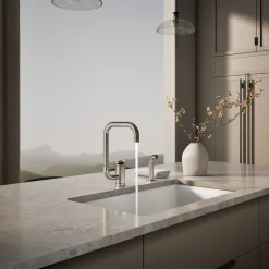 Single-handle kitchen sink faucet with two-function extended-reach spout and side sprayer^Kohler New